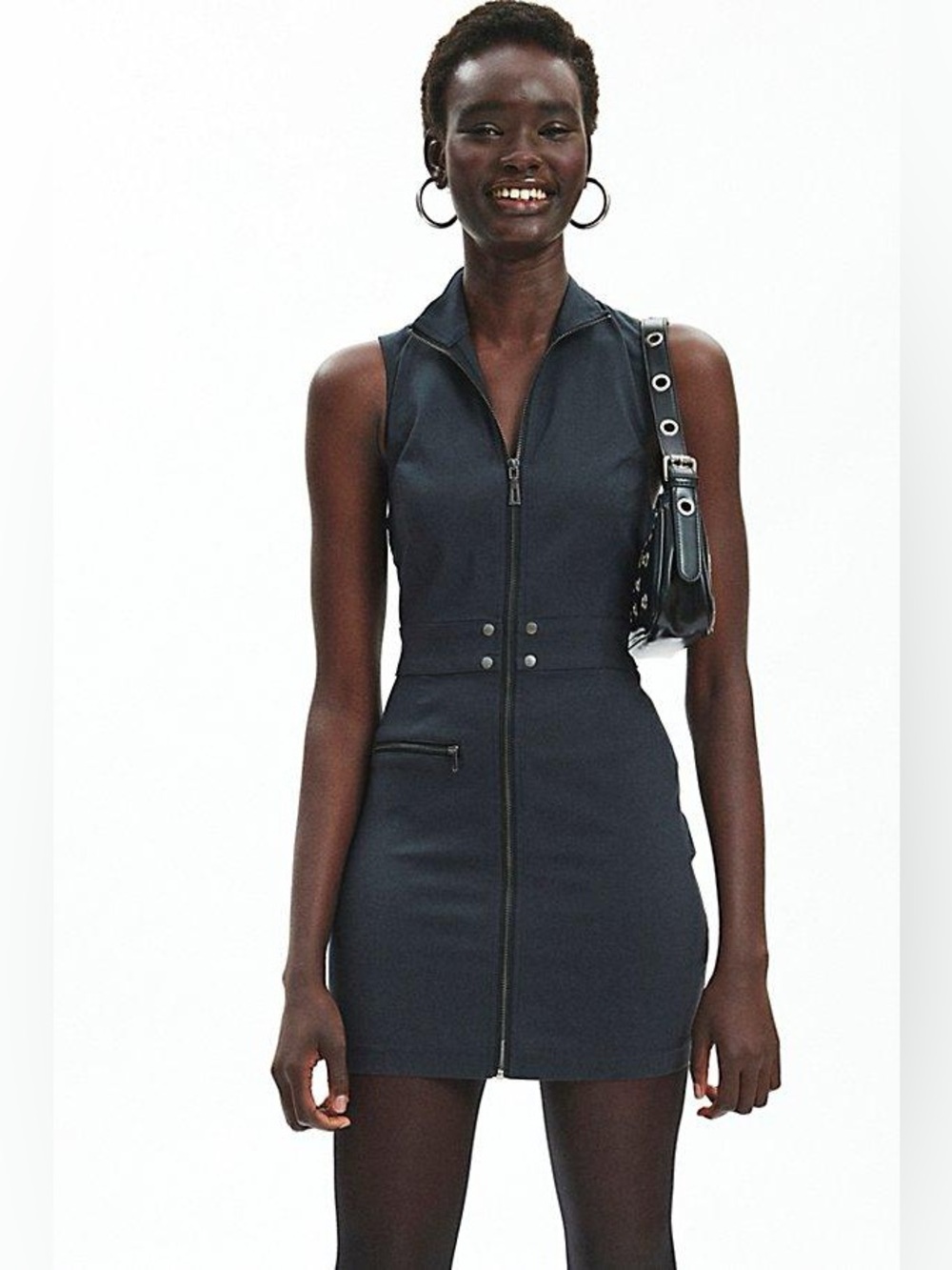 Sleek Black Zip-Front Sleeveless Twill Mini Dress